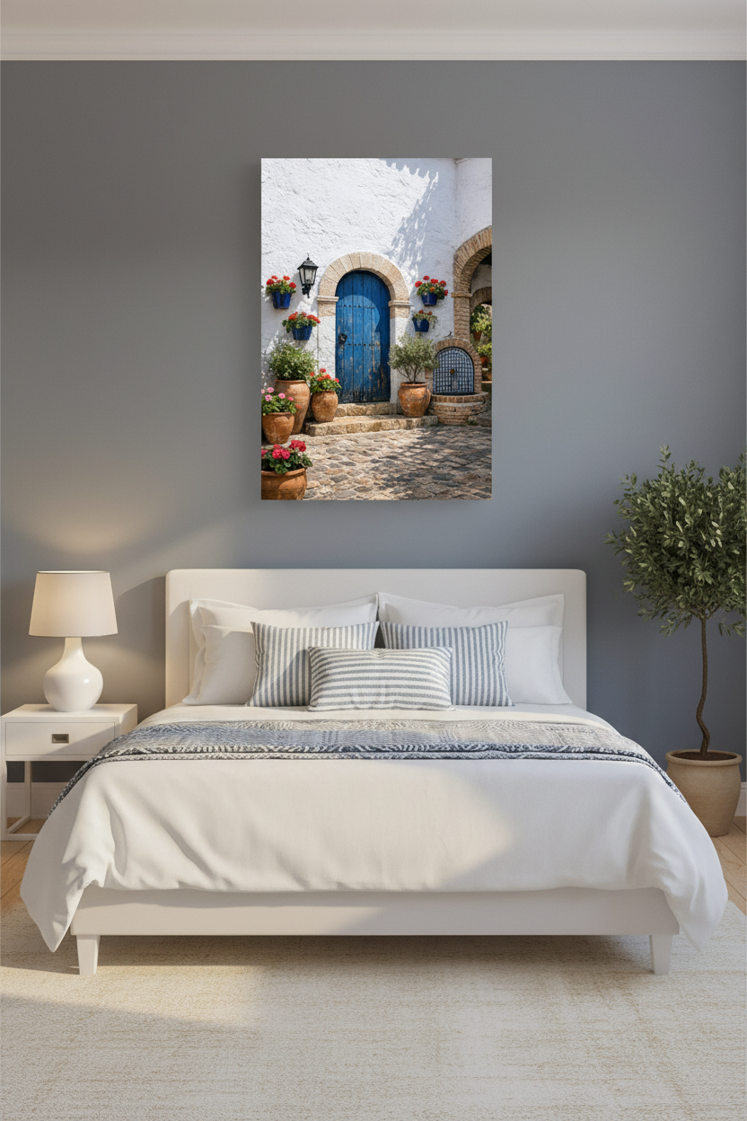 Andalusian courtyard blue door canvas wall art with stone arch and red geraniums hung on a blue-grey wall above a white bed with coastal cushions in an elegant bedroom - Portugal Canvas Co