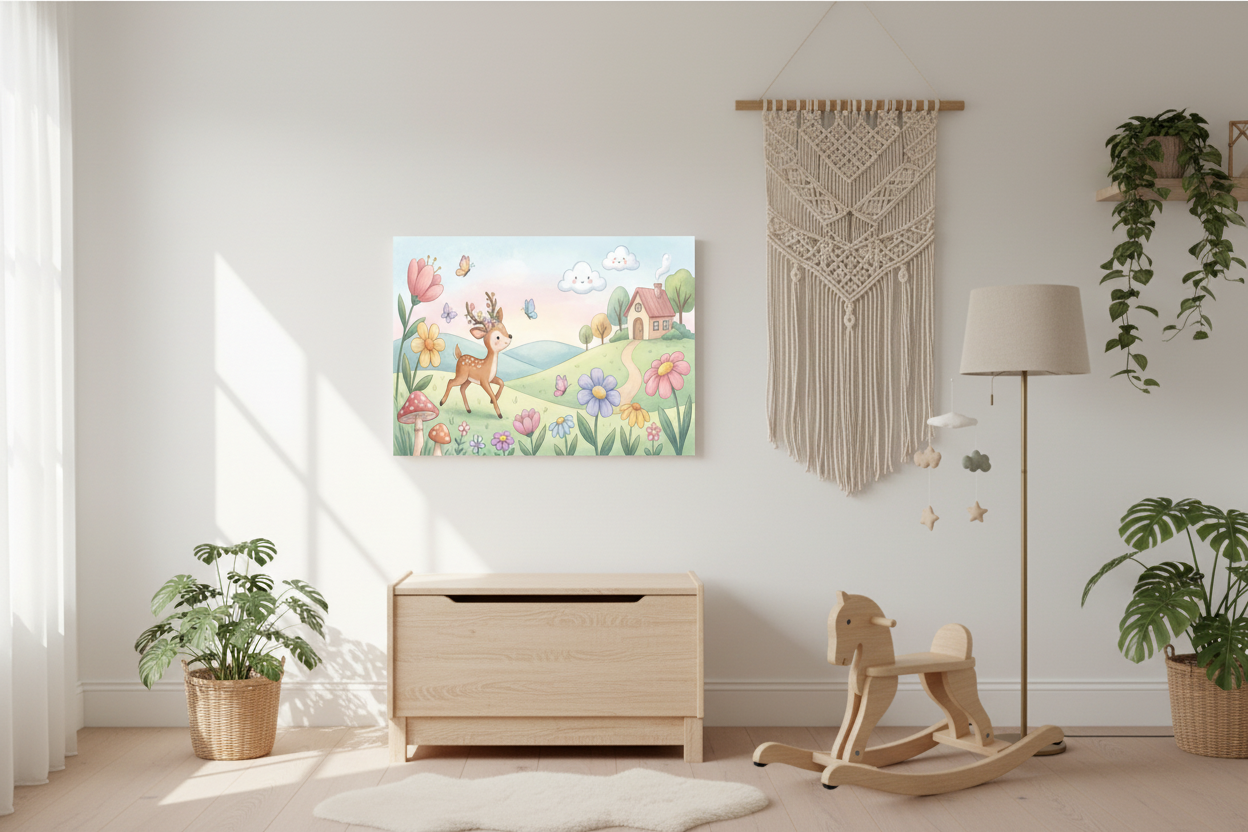Whimsical deer with floral antlers woodland nursery canvas print on boho nursery wall above wooden toy chest with rocking horse - Portugal Canvas Co