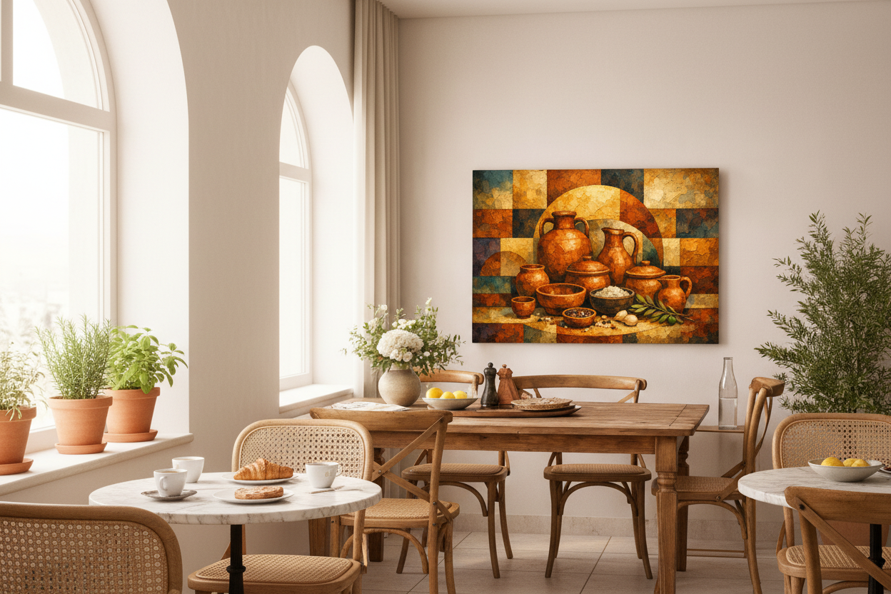 Terracotta ceramic pottery cubist still life canvas wall art displayed in a bright Mediterranean café interior - Portugal Canvas Co