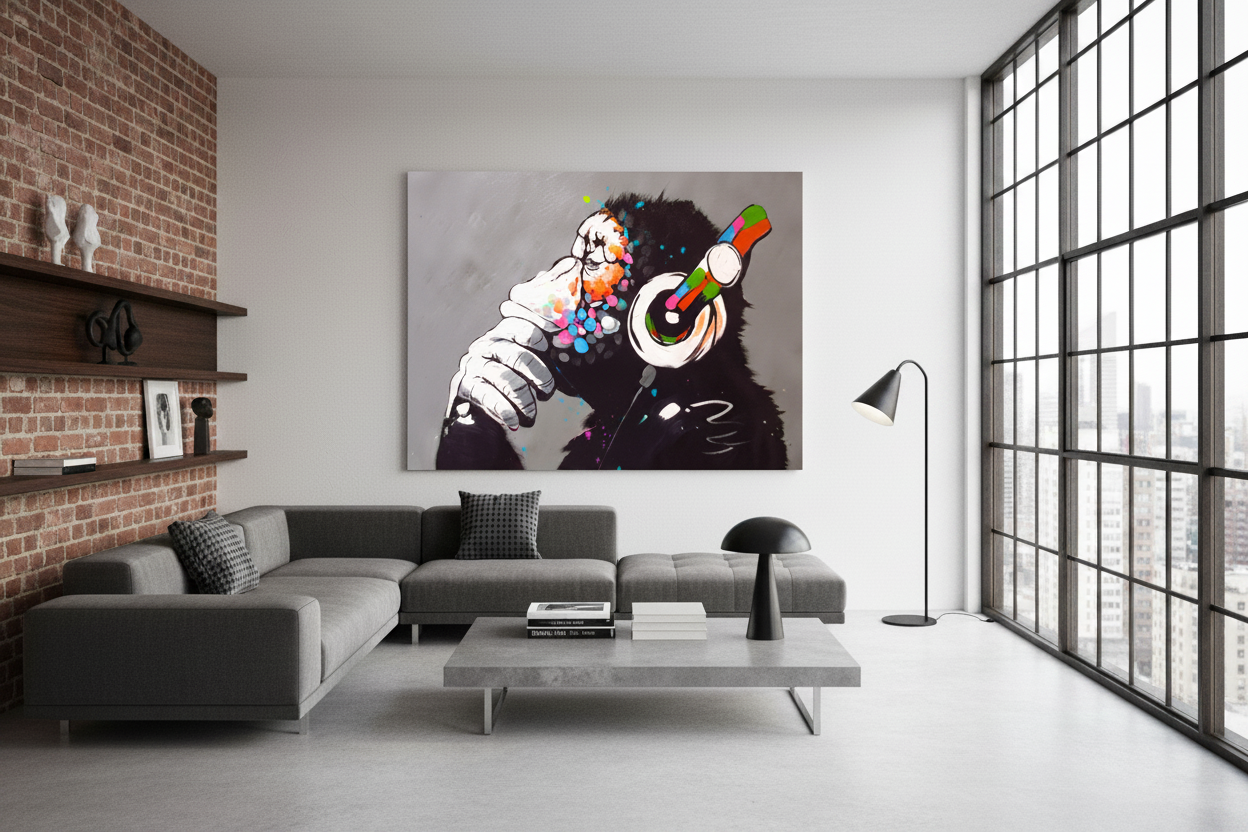 Graffiti street art DJ monkey canvas wall art displayed on the wall of a cool urban industrial living room with exposed brick walls and grey sectional sofa - Portugal Canvas Co