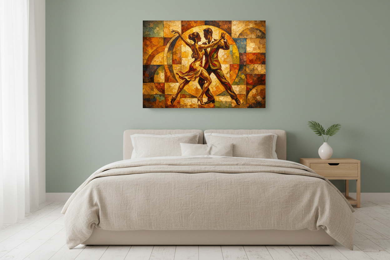 Geometric mosaic tango couples dance canvas wall art on a sage green wall in a bright airy modern bedroom - Portugal Canvas Co