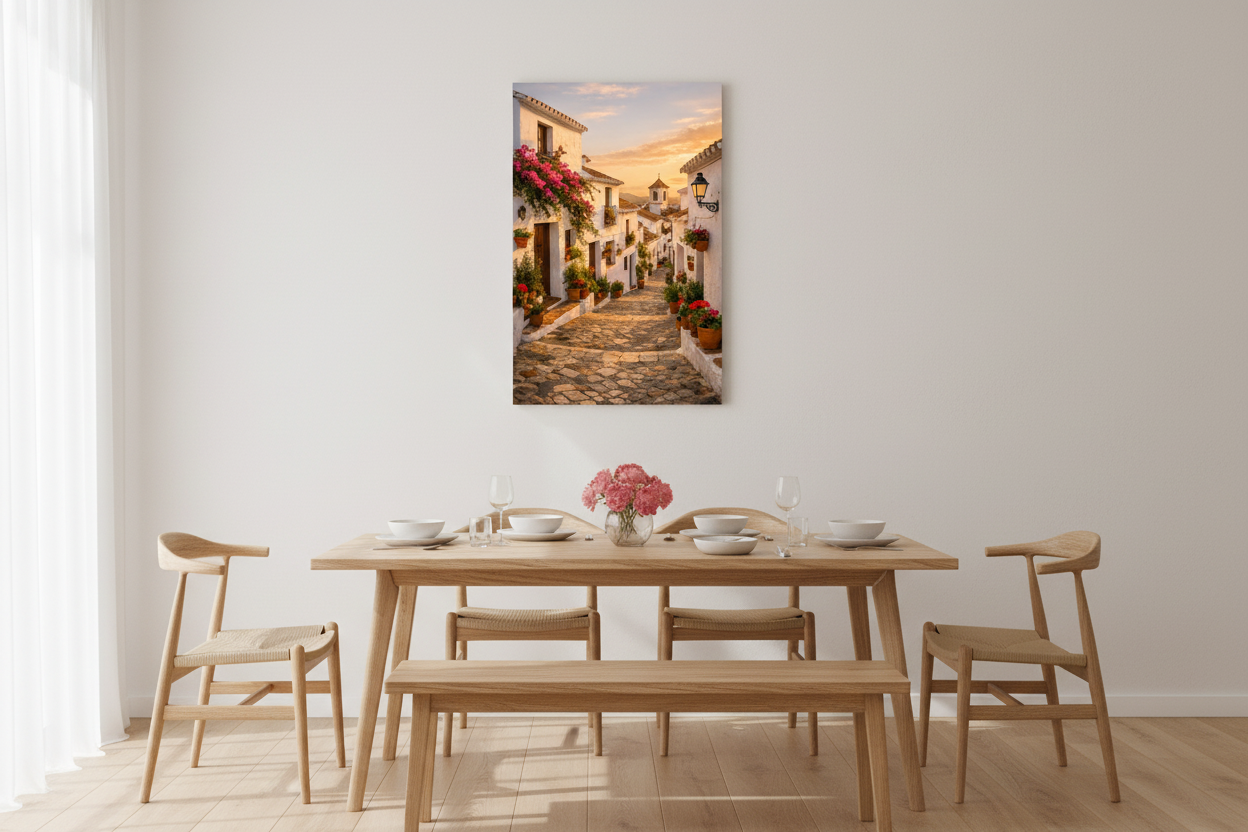 Whitewashed village street at golden hour canvas print in minimalist dining room with oak table and pink flowers - Portugal Canvas Co