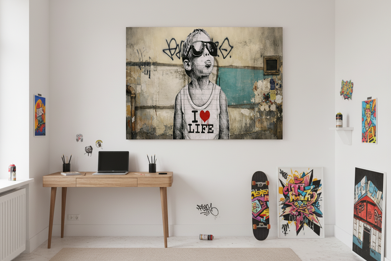 Banksy style I Love Life graffiti canvas wall art displayed on the wall of a cool teenager bedroom with urban street art decor and skateboard - Portugal Canvas Co