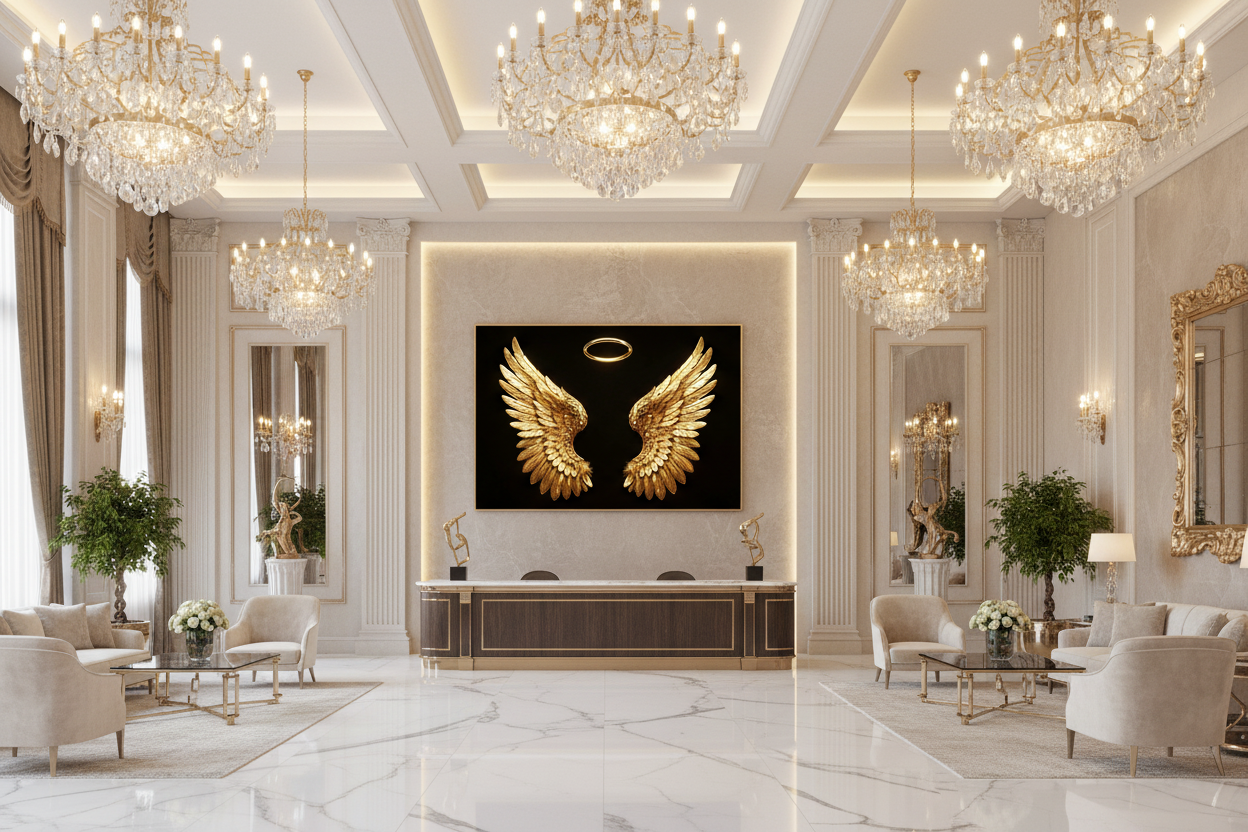 Golden angel wings with glowing halo canvas wall art displayed on the feature wall of a grand luxury hotel reception lobby with marble floors and crystal chandeliers - Portugal Canvas Co