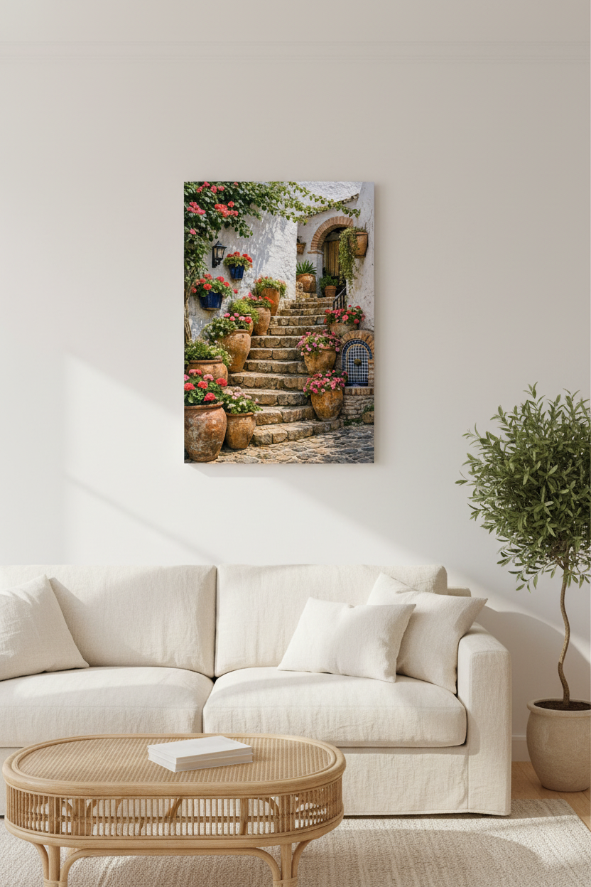 Mediterranean staircase canvas wall art with terracotta pots and pink geraniums displayed in a bright minimalist living room with cream linen sofa and rattan coffee table - Portugal Canvas Co