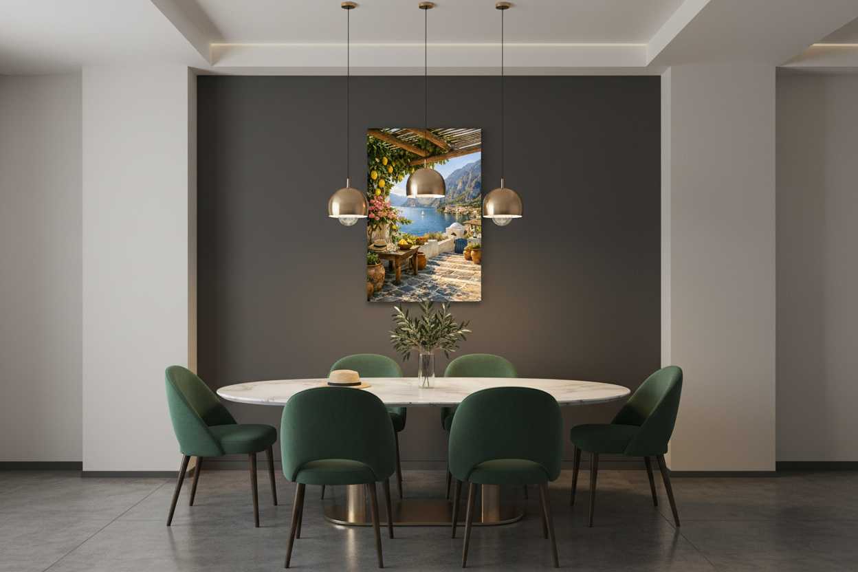 Mediterranean lemon terrace canvas print hung on a dark charcoal accent wall in a sophisticated dining room with warm pendant lighting - Portugal Canvas Co