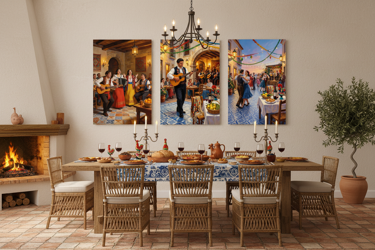 Portuguese festa cultural celebration triptych canvas wall art set displayed in a warm rustic dining room interior - Portugal Canvas Co