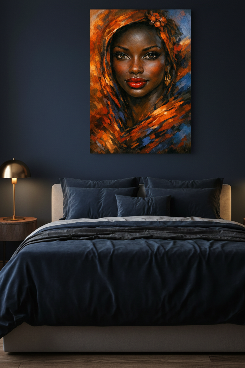Vibrant African portrait woman orange headscarf canvas wall art on a navy wall in a dramatic moody bedroom with gold lamp - Portugal Canvas Co