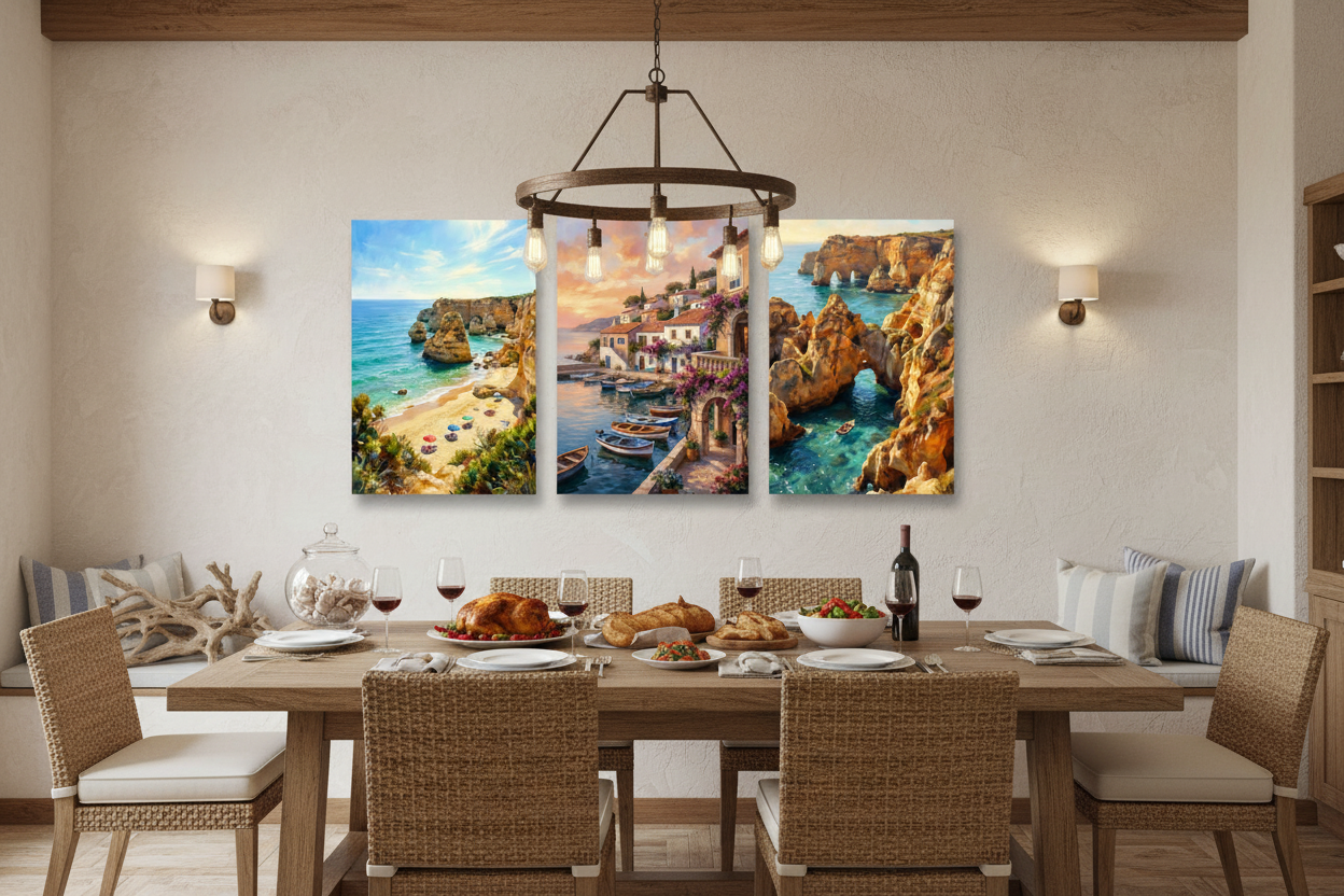 Algarve Portugal coastal triptych canvas wall art set displayed in a warm rustic dining room interior - Portugal Canvas Co