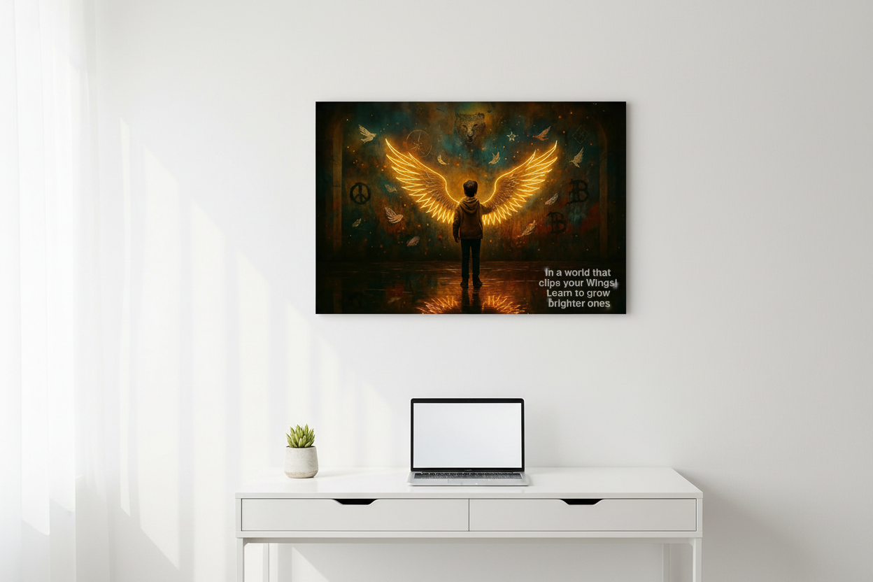 In a World That Clips Your Wings motivational canvas wall art with child, glowing golden angel wings and doves displayed above a desk in a bright modern home office - Portugal Canvas Co