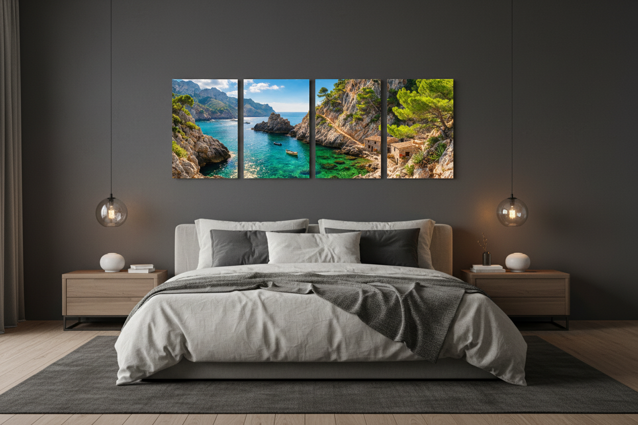Hidden Mediterranean cove four-panel canvas wall art displayed on a dark charcoal feature wall in a luxury contemporary bedroom - Portugal Canvas Co