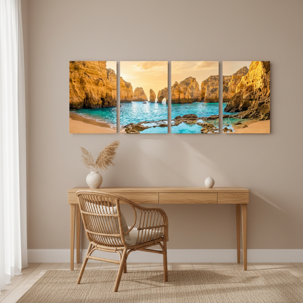 Ponta da Piedade four-panel canvas wall art Algarve golden limestone arches displayed in home study interior - Portugal Canvas Co