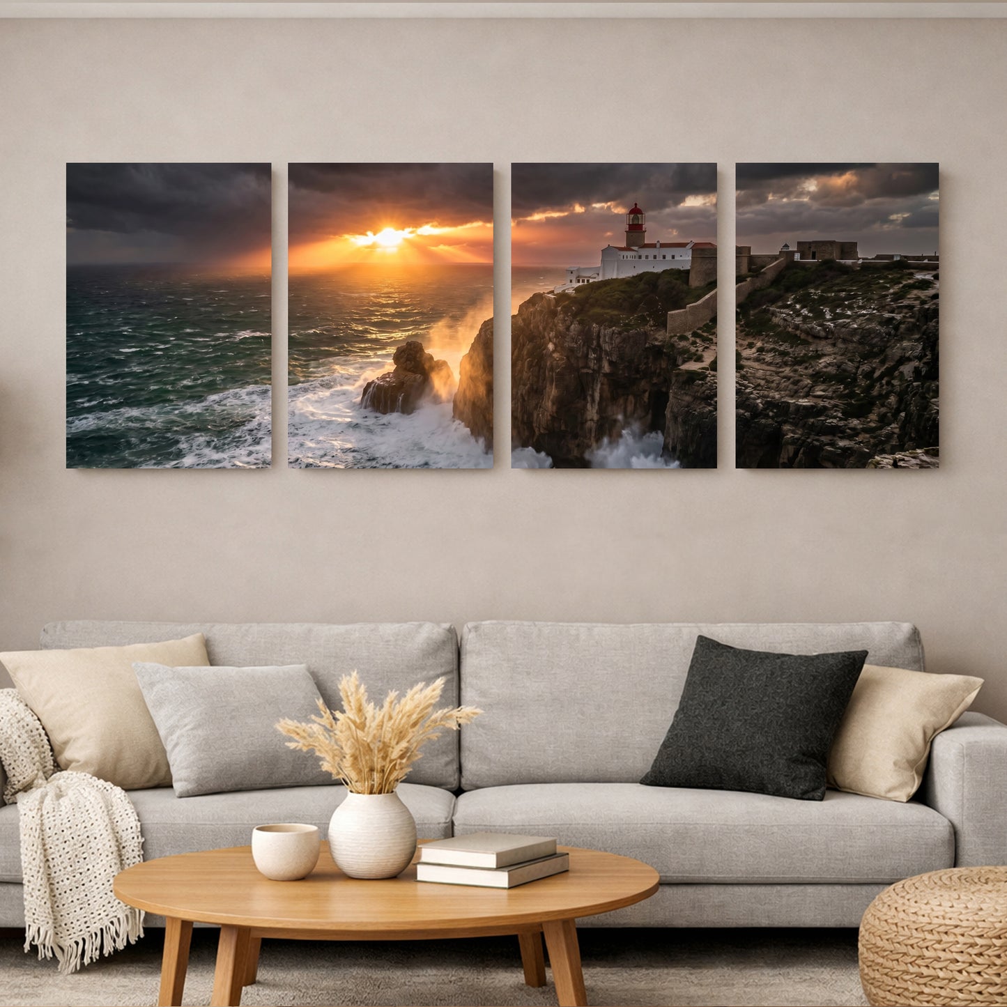 A four-panel canvas wall art set depicting a dramatic coastal lighthouse sunset scene, displayed above a light gray sofa in a modern living room setting - Portugal Canvas Co