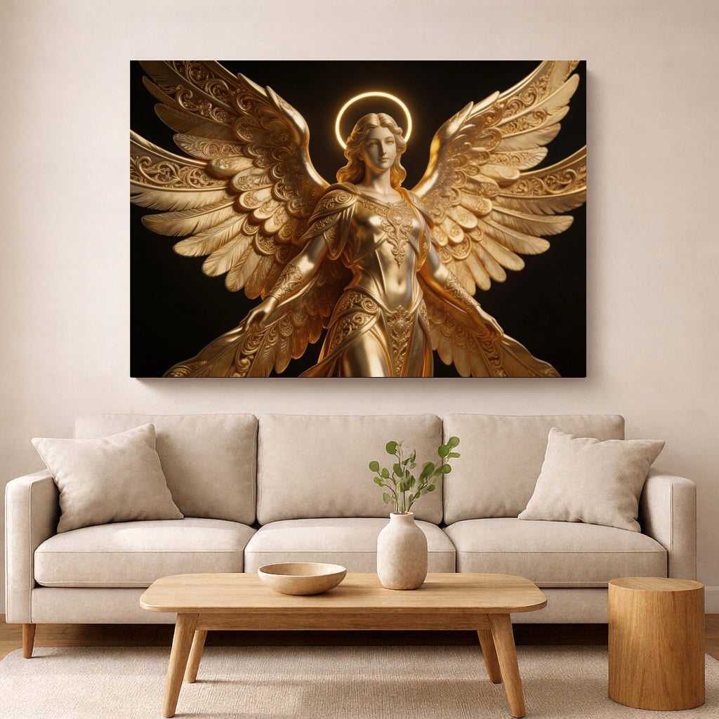 Arte mural Divine Golden Seraph: lienzo de lujo en negro y dorado