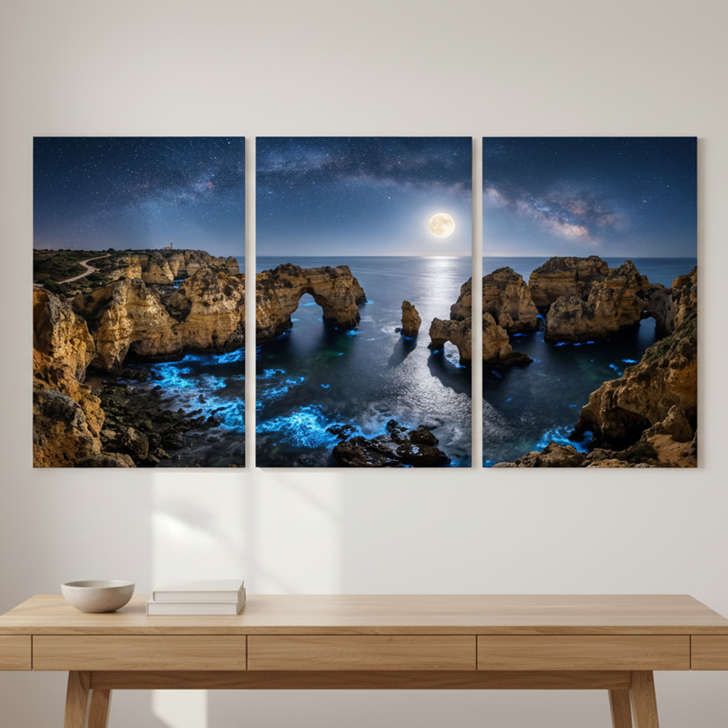 Moonlit Algarve Coast Triptych Canvas Wall Art | Night Seascape | 3 Panel Set