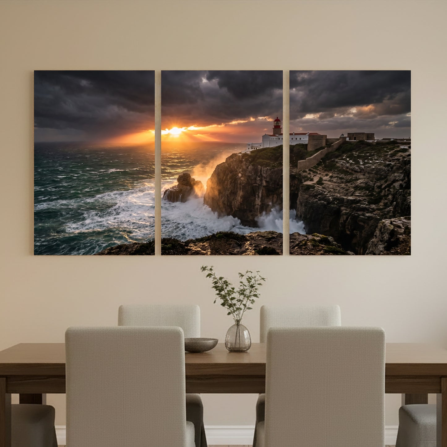 Cabo de São Vicente lighthouse triptych canvas wall art – dramatic storm sunset, crashing waves and cliffs, Algarve Portugal - Portugal Canvas Co
