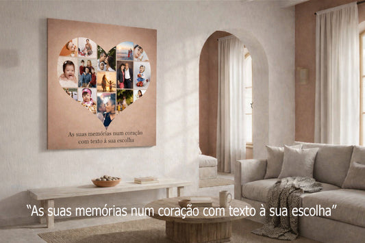 “Heart‑shaped photo collage canvas with family pictures and Portuguese message ‘As suas memórias num coração com texto à sua escolha’, displayed in a warm, sunlit living room with beige tones and minimalist decor.”