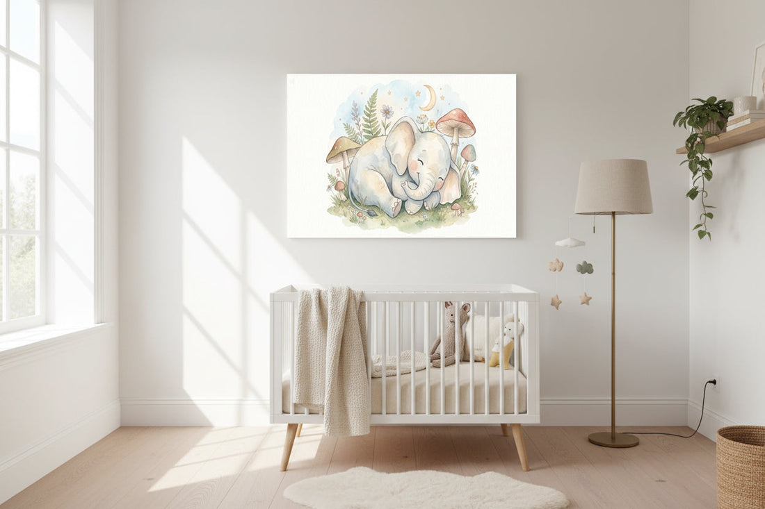    Watercolor nursery wall art of a sleeping baby elephant with mushrooms, plants, and a crescent moon; soft pastel animal illustration for baby room décor.