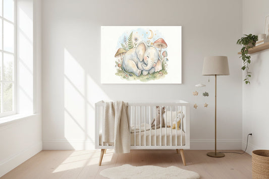    Watercolor nursery wall art of a sleeping baby elephant with mushrooms, plants, and a crescent moon; soft pastel animal illustration for baby room décor.