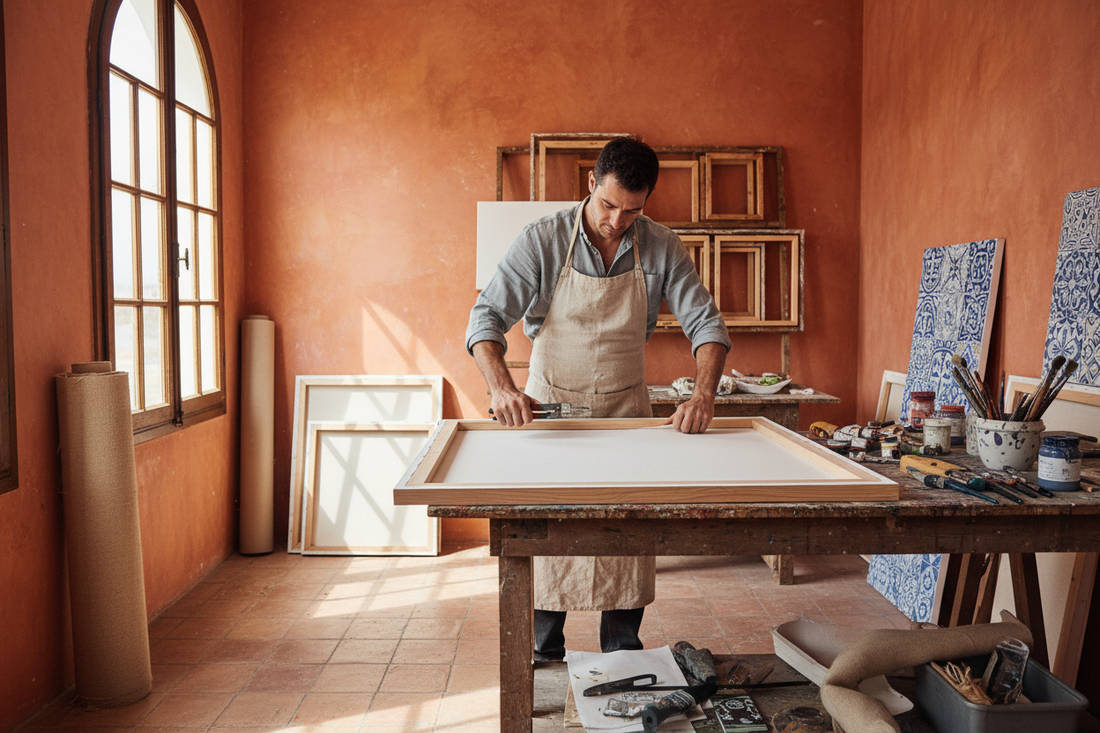 Craftsman handmaking a premium canvas in a bright Portuguese workshop studio in Carvalhosa — Portugal Canvas Co
