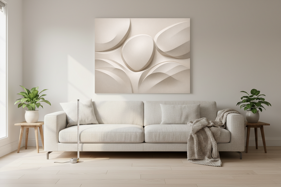 Raised sculpted beige abstract shapes with smooth curves and deep shadows on a soft beige background, creating a strong three‑dimensional embossed effect.