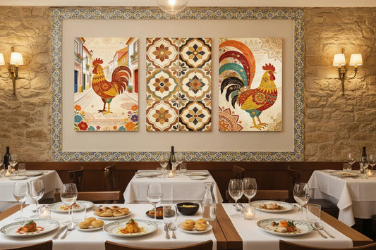 Portuguese rooster and azulejo tile canvas prints in a restaurant dining room, framed by decorative blue-and-white tiles - Portugal Canvas Co