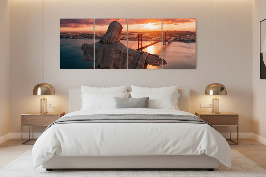 Cristo Rei Lisbon four-panel canvas set above a bed, the statue overlooking the Tagus River and bridge at sunset - Portugal Canvas Co