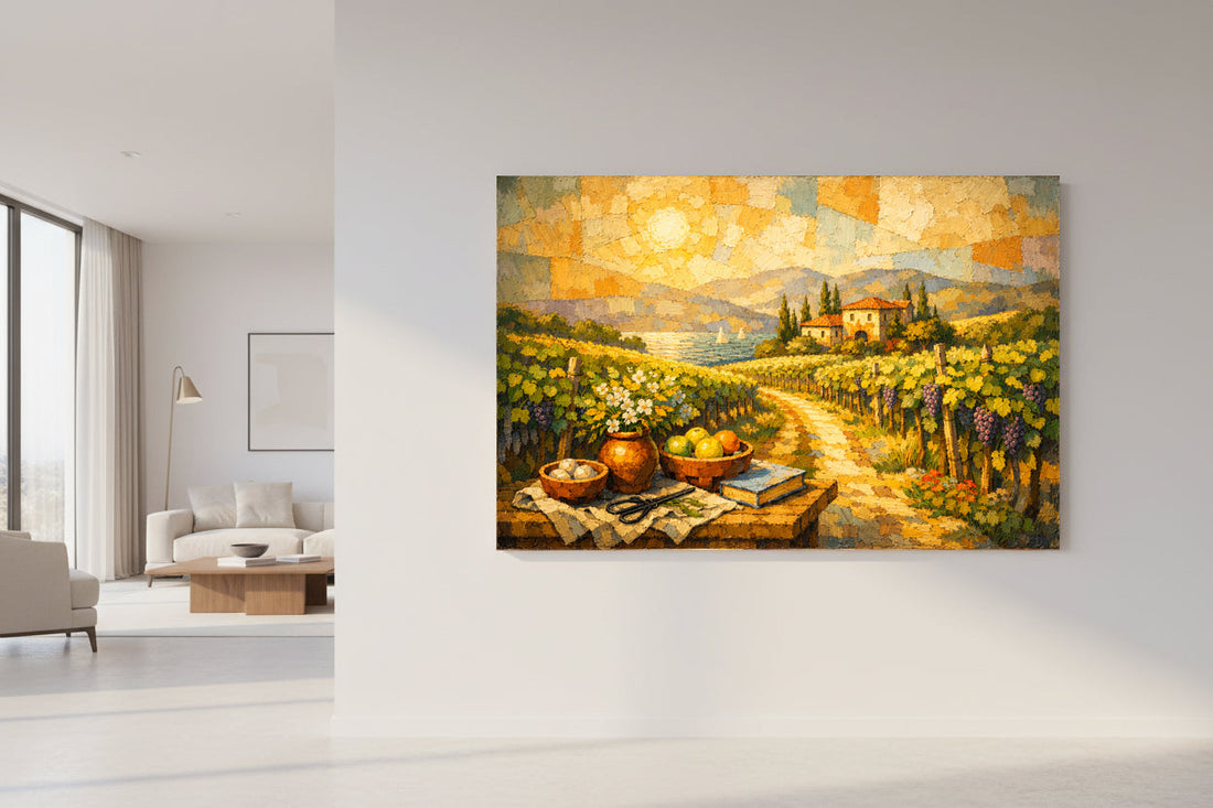 Large countryside landscape canvas showing a sunlit vineyard path leading to a villa surrounded by cypress trees - Portugal Canvas Co