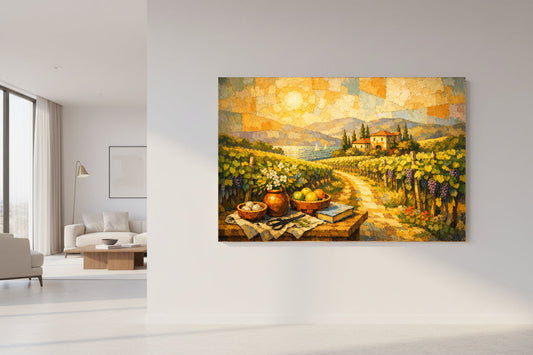 Large countryside landscape canvas showing a sunlit vineyard path leading to a villa surrounded by cypress trees - Portugal Canvas Co