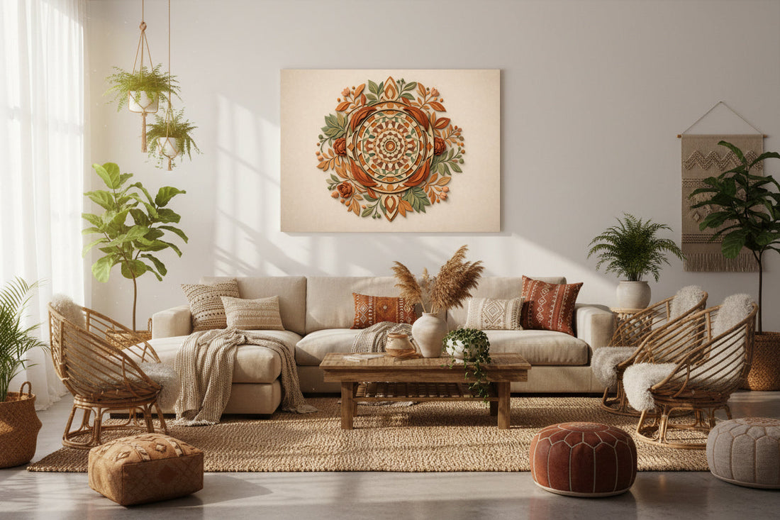 Bohemian living room with beige sectional sofa, patterned pillows, wicker chairs, plants, and large mandala wall art above the sofa.