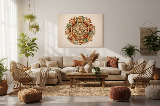 Bohemian living room with beige sectional sofa, patterned pillows, wicker chairs, plants, and large mandala wall art above the sofa.