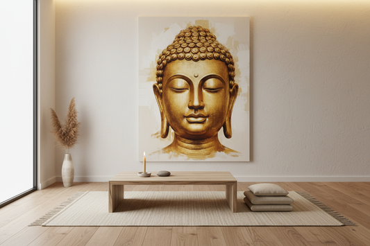 Golden Buddha head with closed eyes and calm expression, centered against a textured beige background, symbolizing peace and enlightenment.