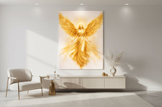 Golden angel with flowing gown and large outstretched wings, softly illuminated against a neutral background, symbolizing light and serenity.