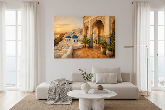 Modern minimalist large Mediterranean terrace painting above a white sofa, featuring blue domes, ornate arches, terracotta tiles, and warm sunset tones.