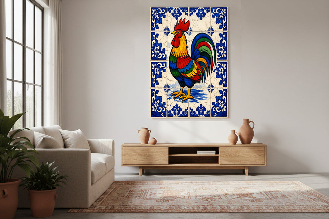 Large colourful rooster artwork with blue-and-white azulejo tile border, displayed in a neutral interior as a vibrant statement piece celebrating Portuguese heritage.