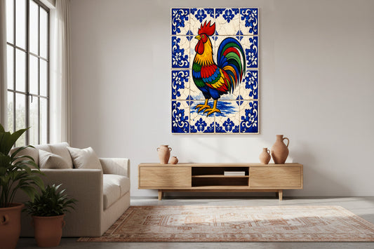 Large colourful rooster artwork with blue-and-white azulejo tile border, displayed in a neutral interior as a vibrant statement piece celebrating Portuguese heritage.