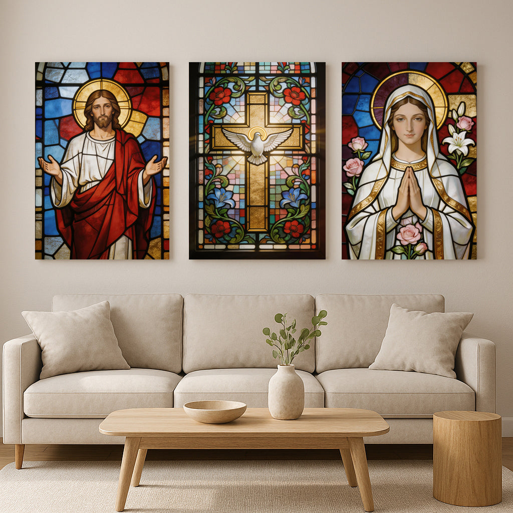 “Spiritual triptych canvas art with Jesus and a glowing cross.