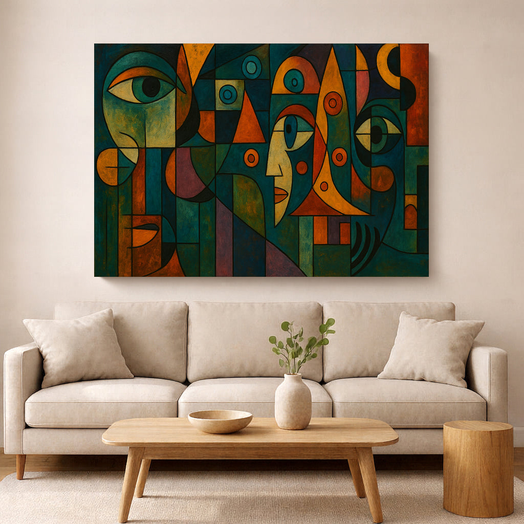 Modern living room with beige sofa and wooden furniture, featuring a large colorful Cubist-style abstract painting with geometric shapes and stylized faces in deep greens, blues, oranges, and reds.