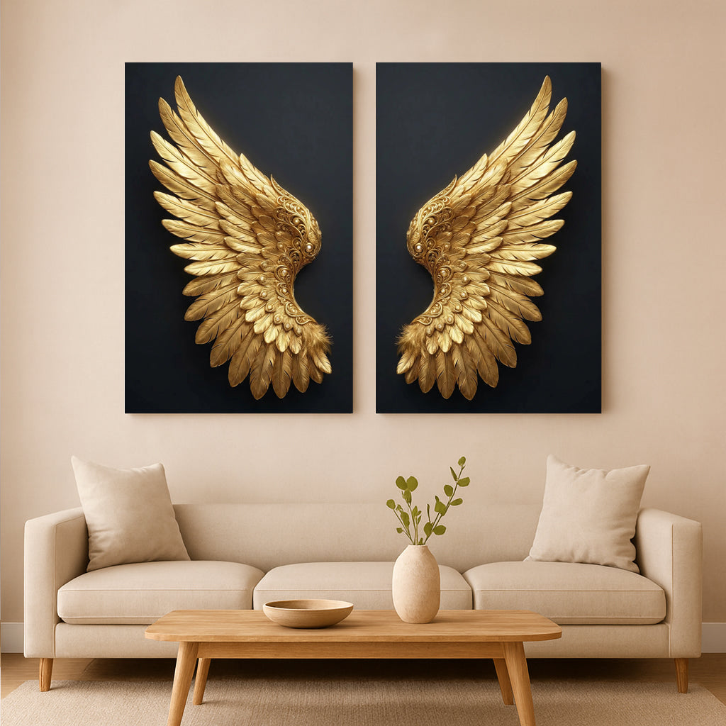 “Living room interior featuring a pair of golden angel wing artworks mounted on black panels with soft shadowing, set against a beige wall above a beige sofa. Light wood furniture and neutral decor complete the elegant, minimalist aesthetic.”