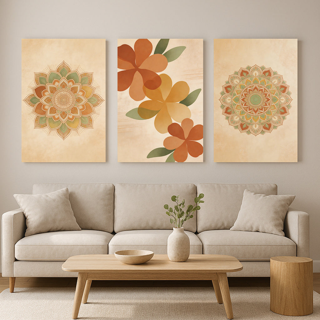 Set of three boho nature art prints featuring stylized landscapes with sun, hills, and floral designs in warm earthy tones, displayed above a beige sofa in a modern living room.