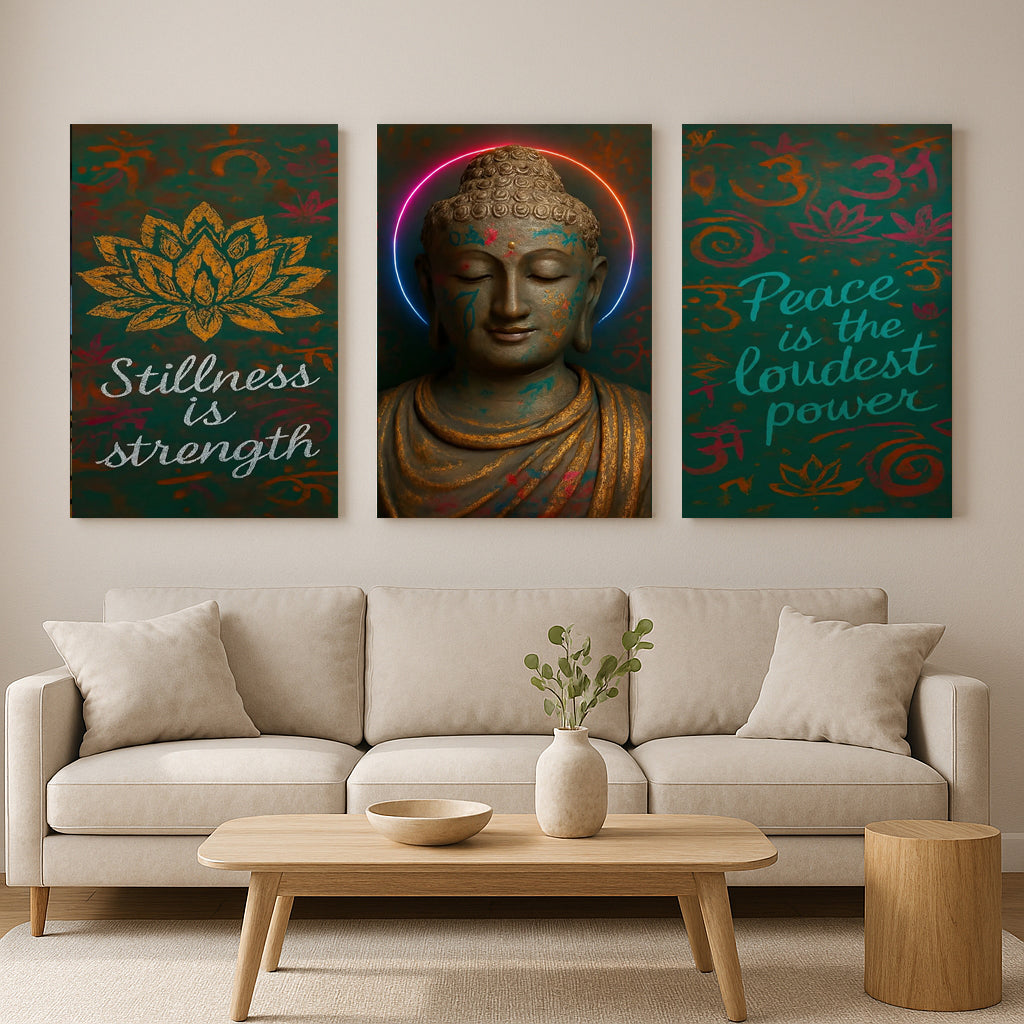    “Triptych Buddha yoga wall art featuring a central Buddha figure with glowing accents and two inspirational quote panels, displayed above a dining table in a modern, serene room.