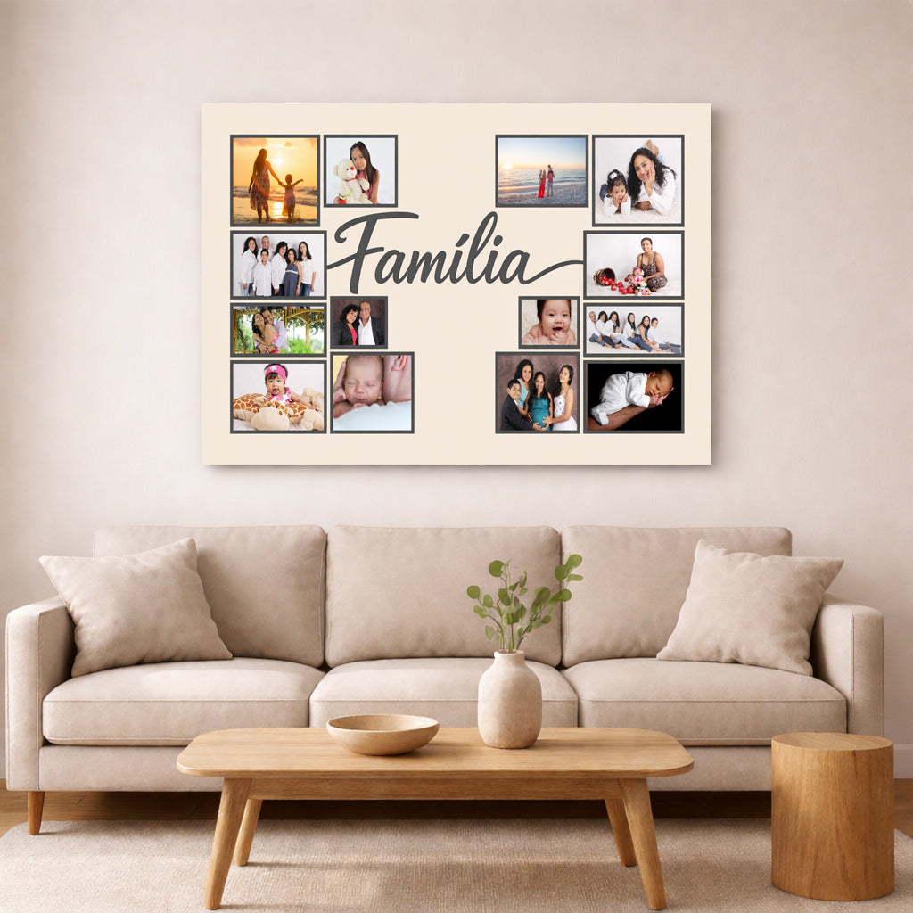 Collection of personalised photo collage canvases featuring custom family and pet photos, designed as sentimental wall art for home decor.