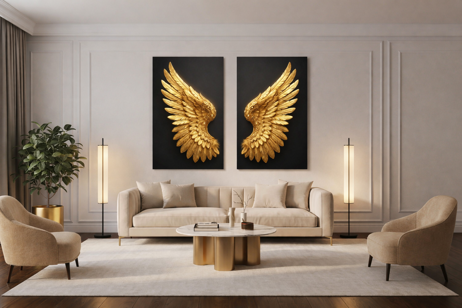 Pair of golden angel wing canvases on dark background displayed above a beige sofa in a modern living room with gold accents and soft natural light