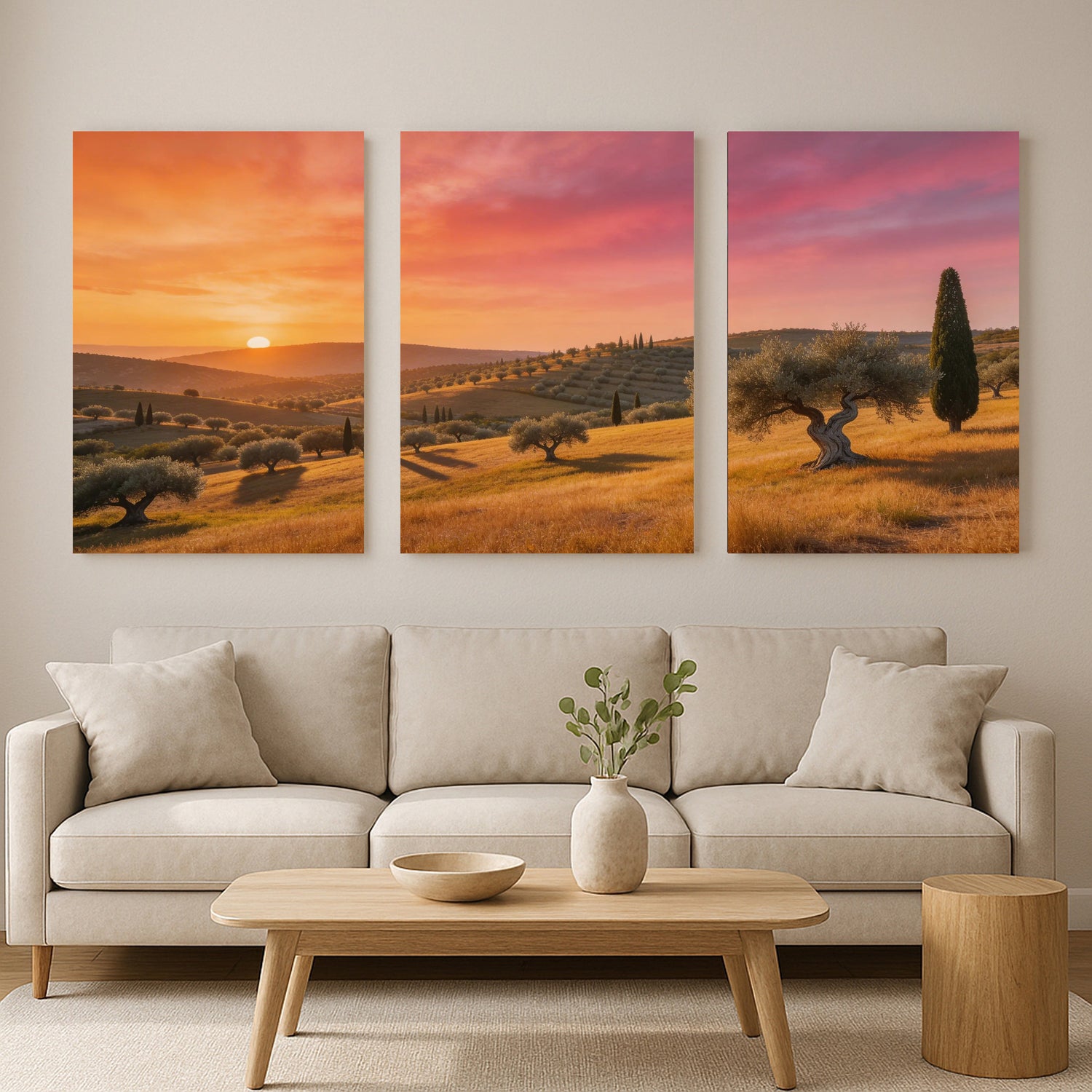 Three-panel canvas artwork showing a panoramic Mediterranean landscape at sunset, with rolling golden hills, scattered olive trees, and tall cypress trees beneath a sky that shifts from warm orange near the horizon to pink and purple tones above.