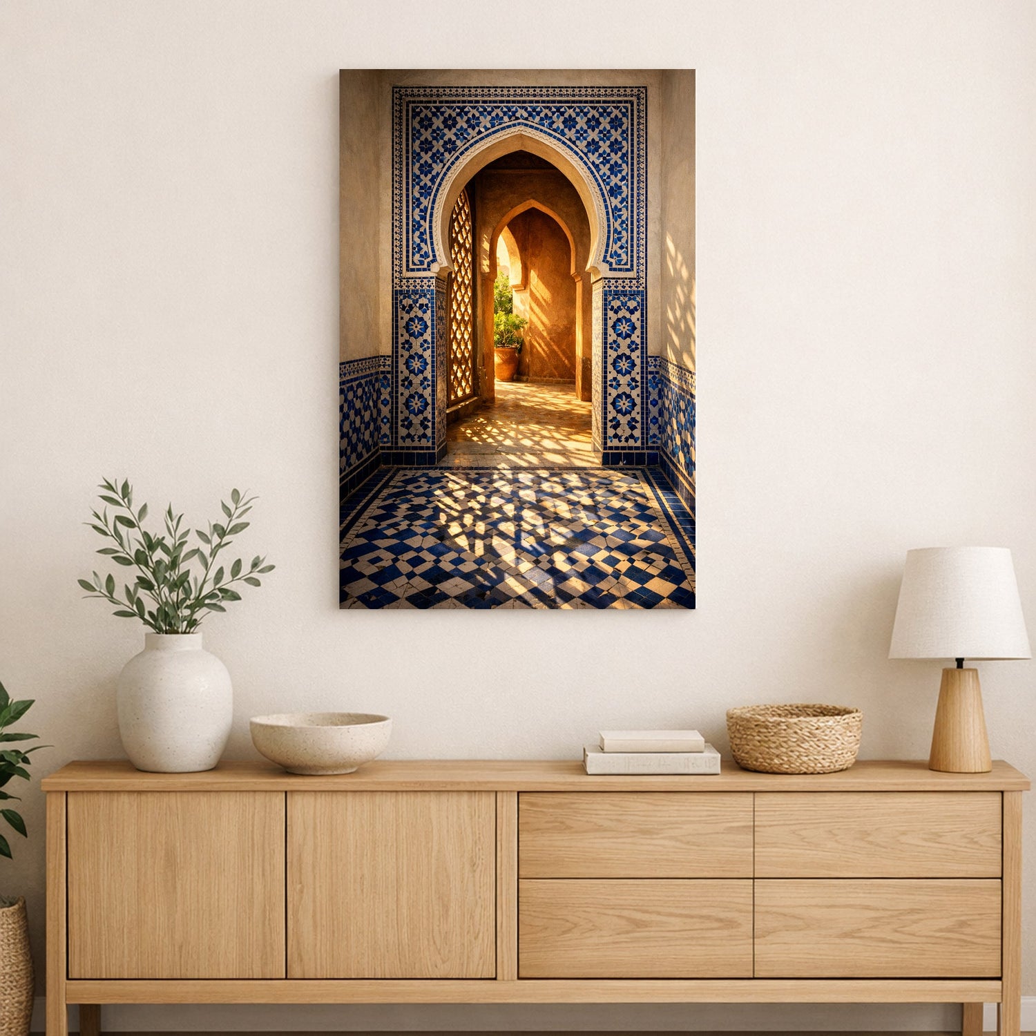 Decorative wall art of a Moroccan archway above a wooden console table with decorative items.