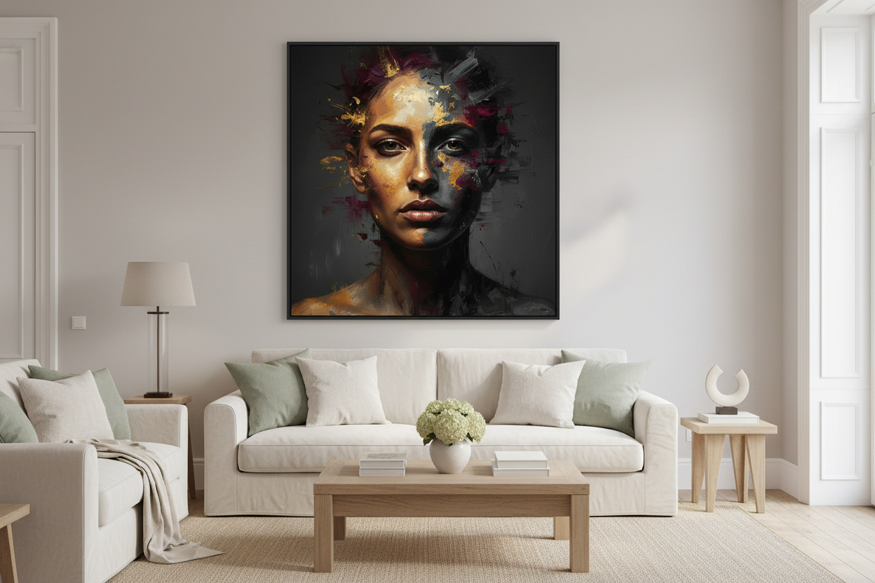 Realistic colourful portrait painting hanging above a white sofa in a modern neutral living room with soft natural light.