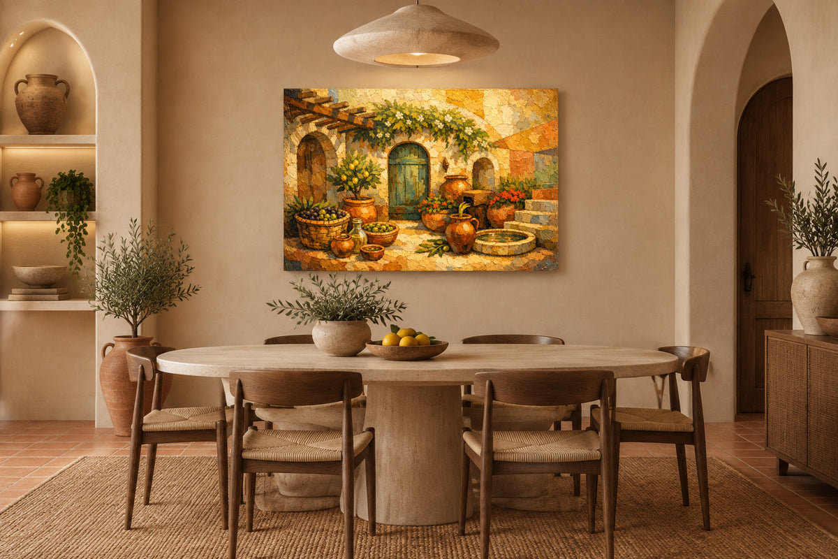 Mediterranean courtyard canvas print featuring a green door, terracotta pots and flowering vines, displayed above a dining table in a warm neutral room - Portugal Canvas Co