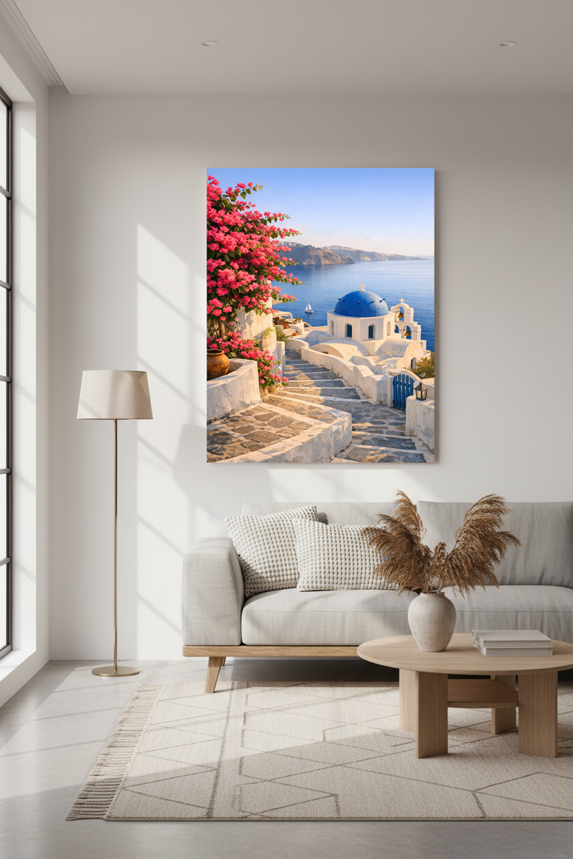 Santorini coastal canvas with whitewashed buildings and blue dome displayed above a modern grey sofa in a bright minimalist living room with natural light