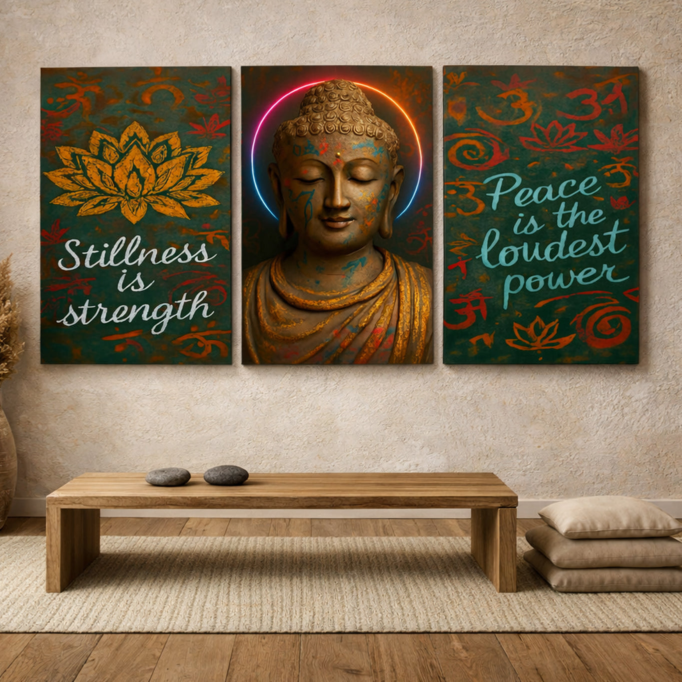 Three‑panel Buddha meditation wall art with glowing lotus motifs and inspirational quotes on a textured plaster wall above a wooden bench.