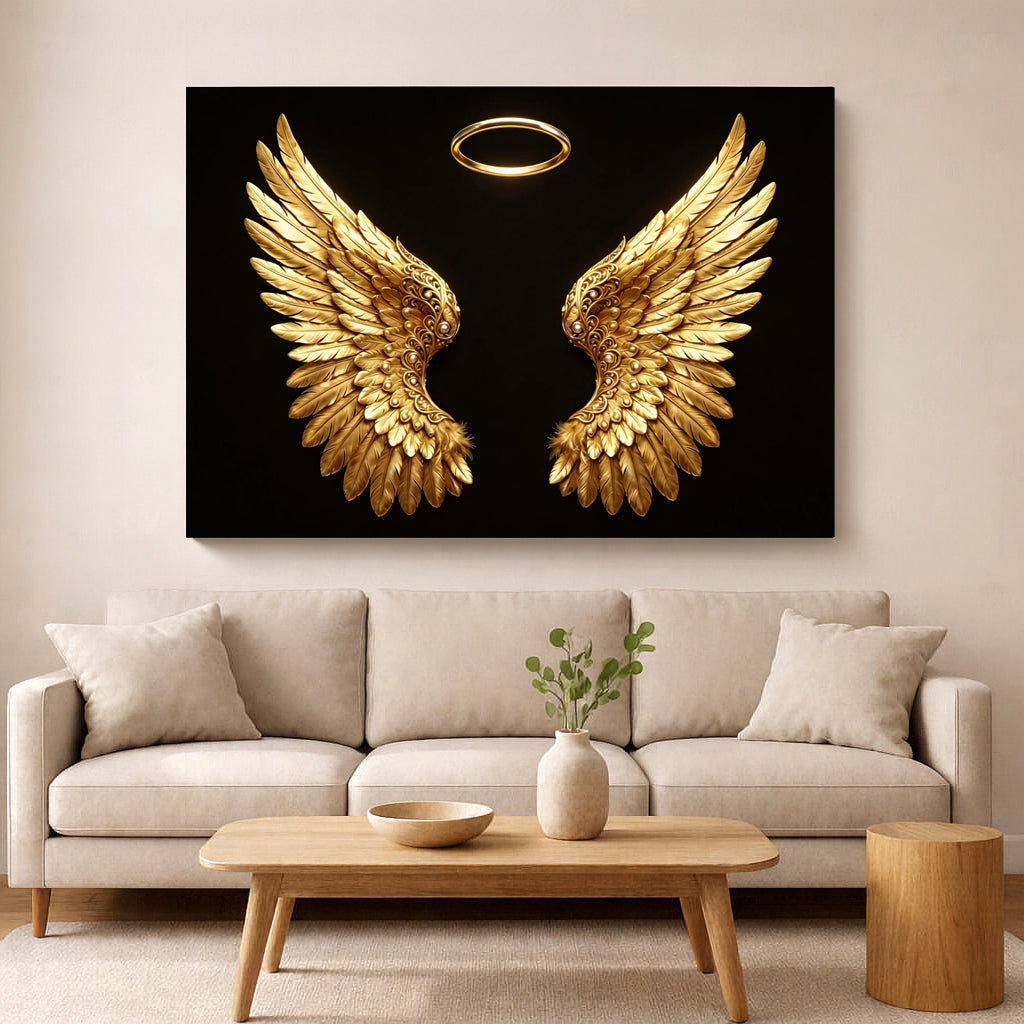 Arte de pared con alas de ángel y halo celestiales: decoración dorada premium